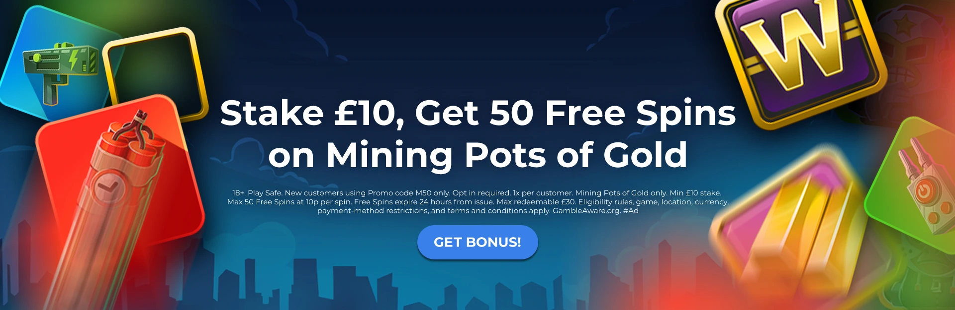 Stake £10, Get 50 Free Spins<br>on Mining Pots of Gold